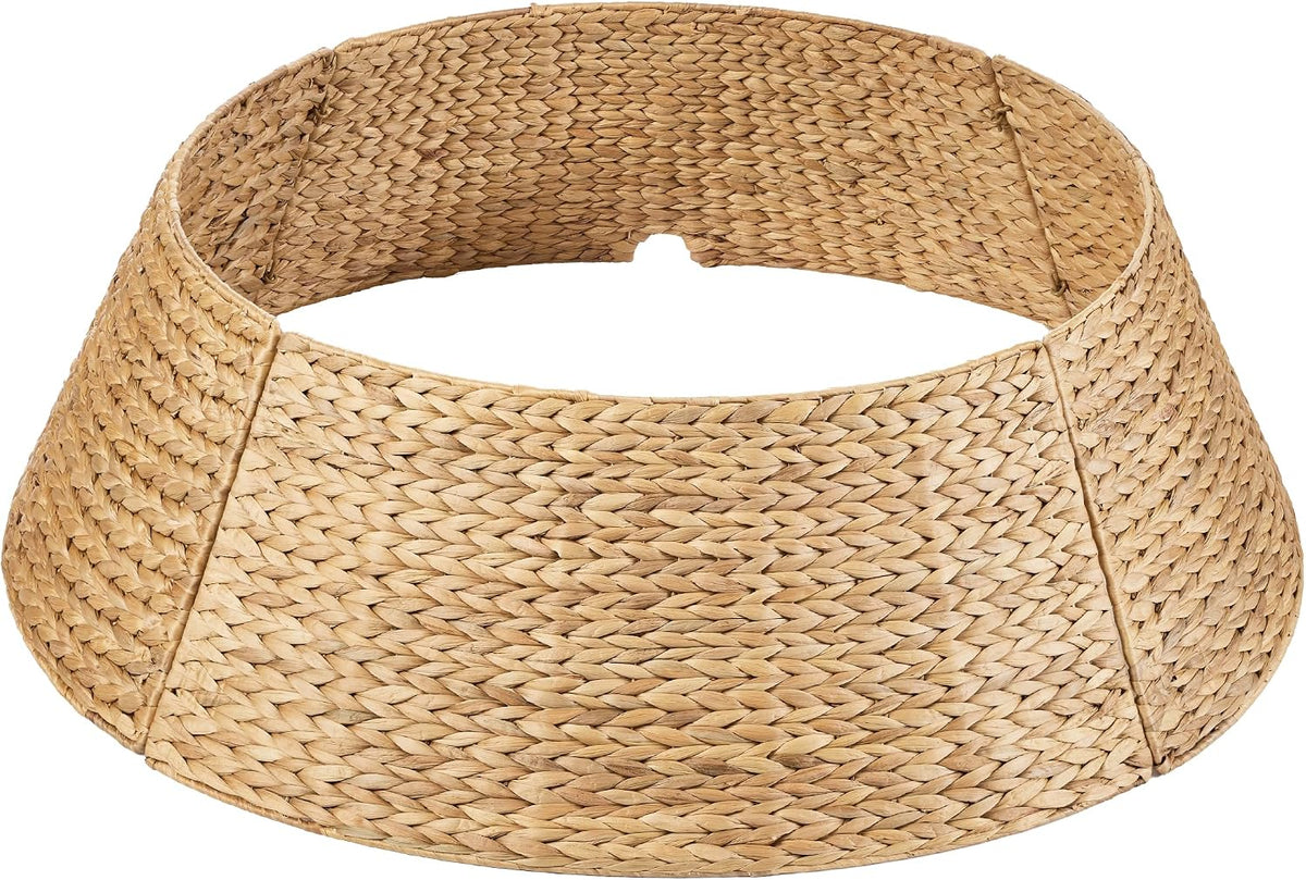 36in Christmas Tree Collar, Woven Hyacinth 3-Piece Holiday Rattan Tree Skirt Accessory for Home w/Cord Cut-Out - Natural