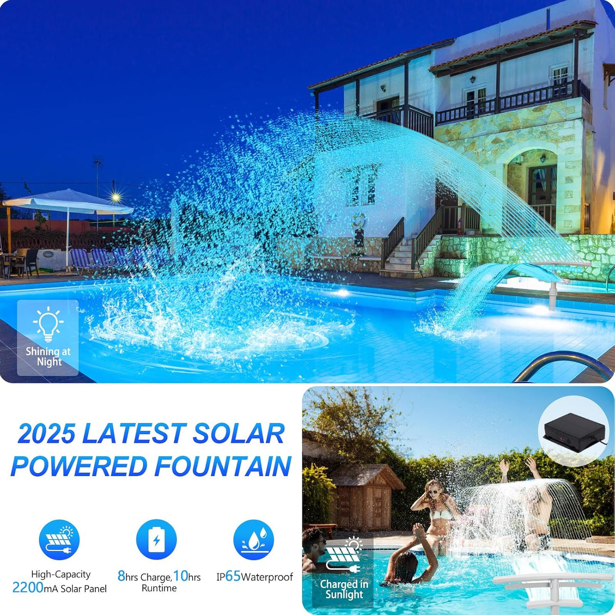Pool Fountain with Lights for Above and Inground Pools, Dual-Layer Spray Solar Power Pool Waterfall Sprinkler Chiller
