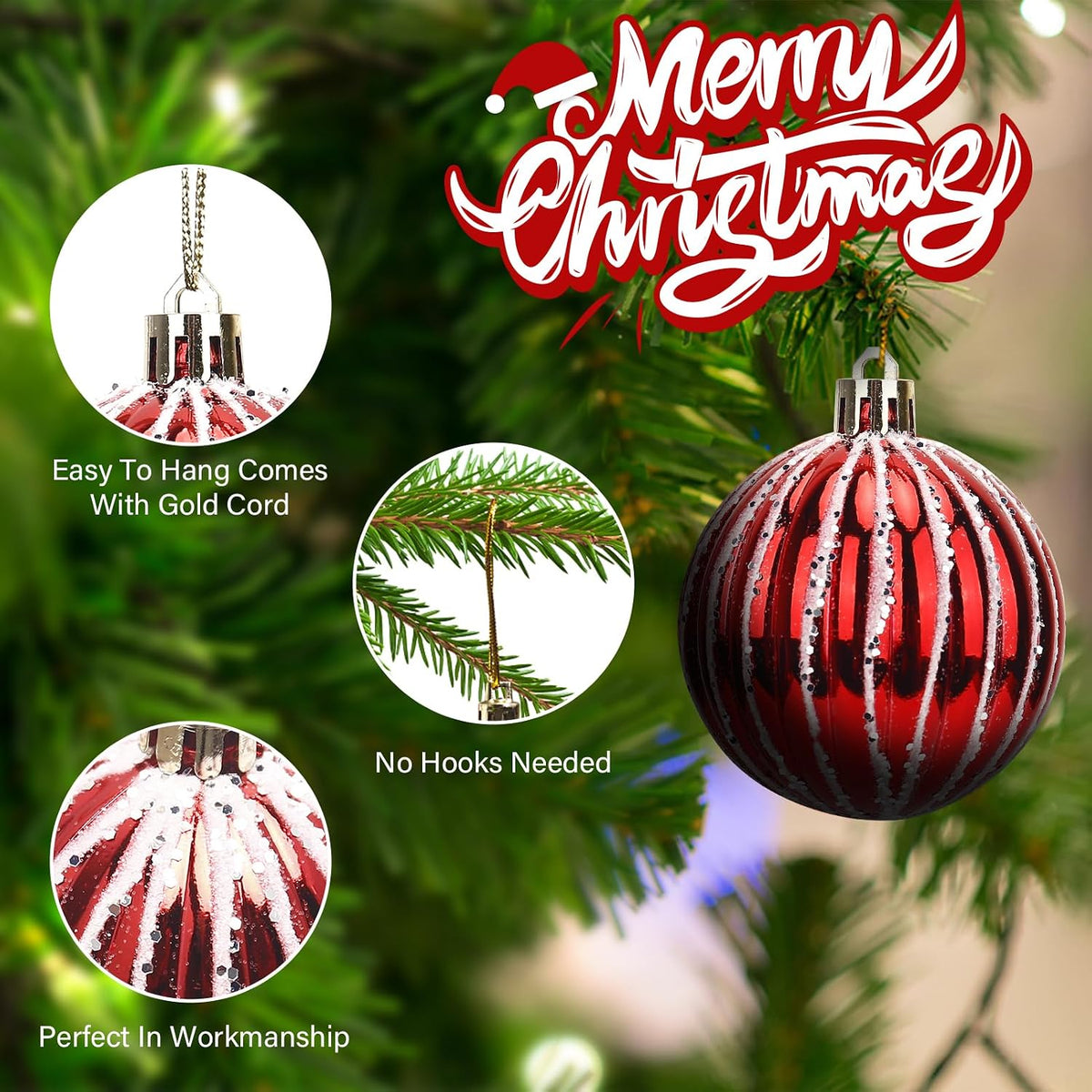 Christmas Ornaments Set-44 Pcs Shatterproof Christmas Balls Set with Hanging Rope for Xmas Tree Decor Holiday Wedding