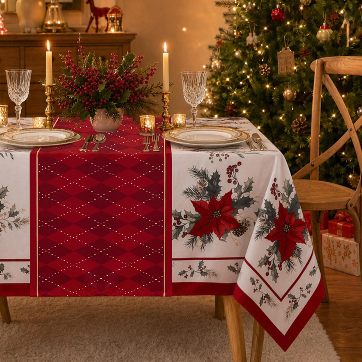 Christmas Tablecloth Rectangle, Holiday Dining Decor, 60x120 Inch