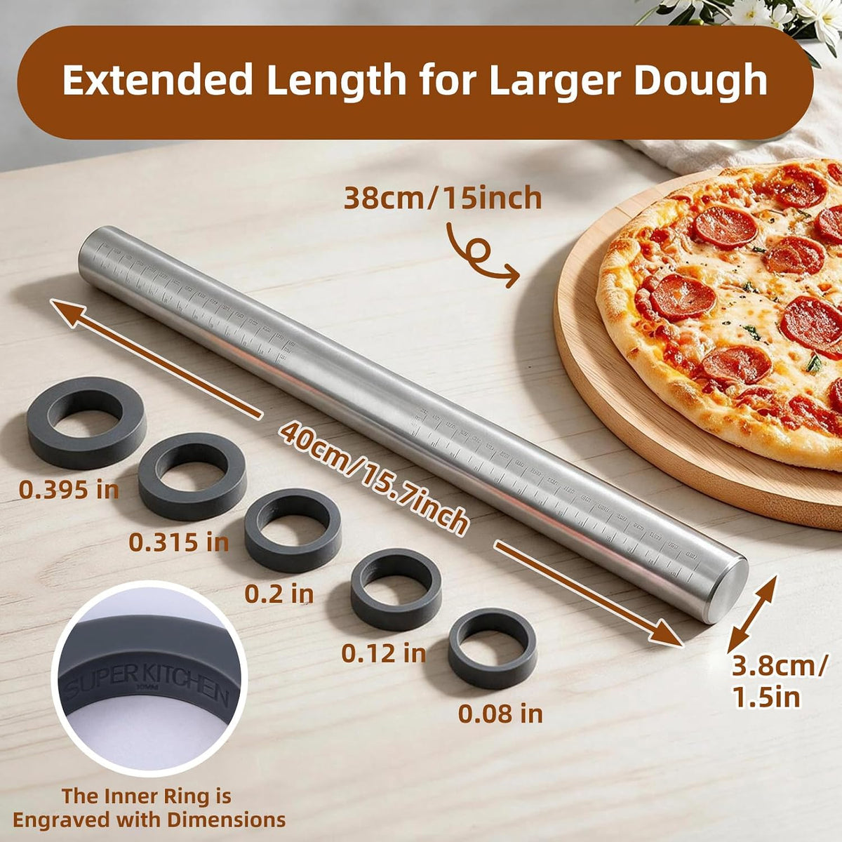 Adjustable Rolling Pin with Thickness Rings for Baking -Roller for Cake Pop