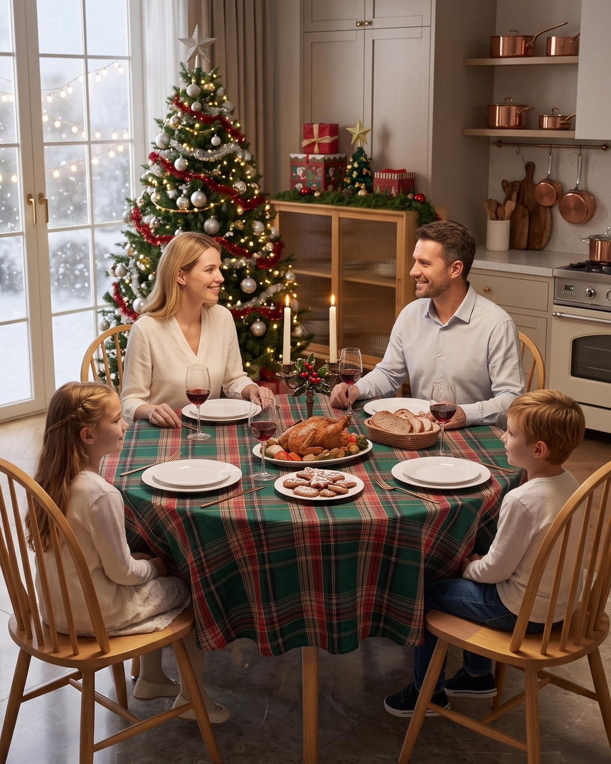 Round Christmas Tablecloth 60 Inch, Green and Red Buffalo Plaid