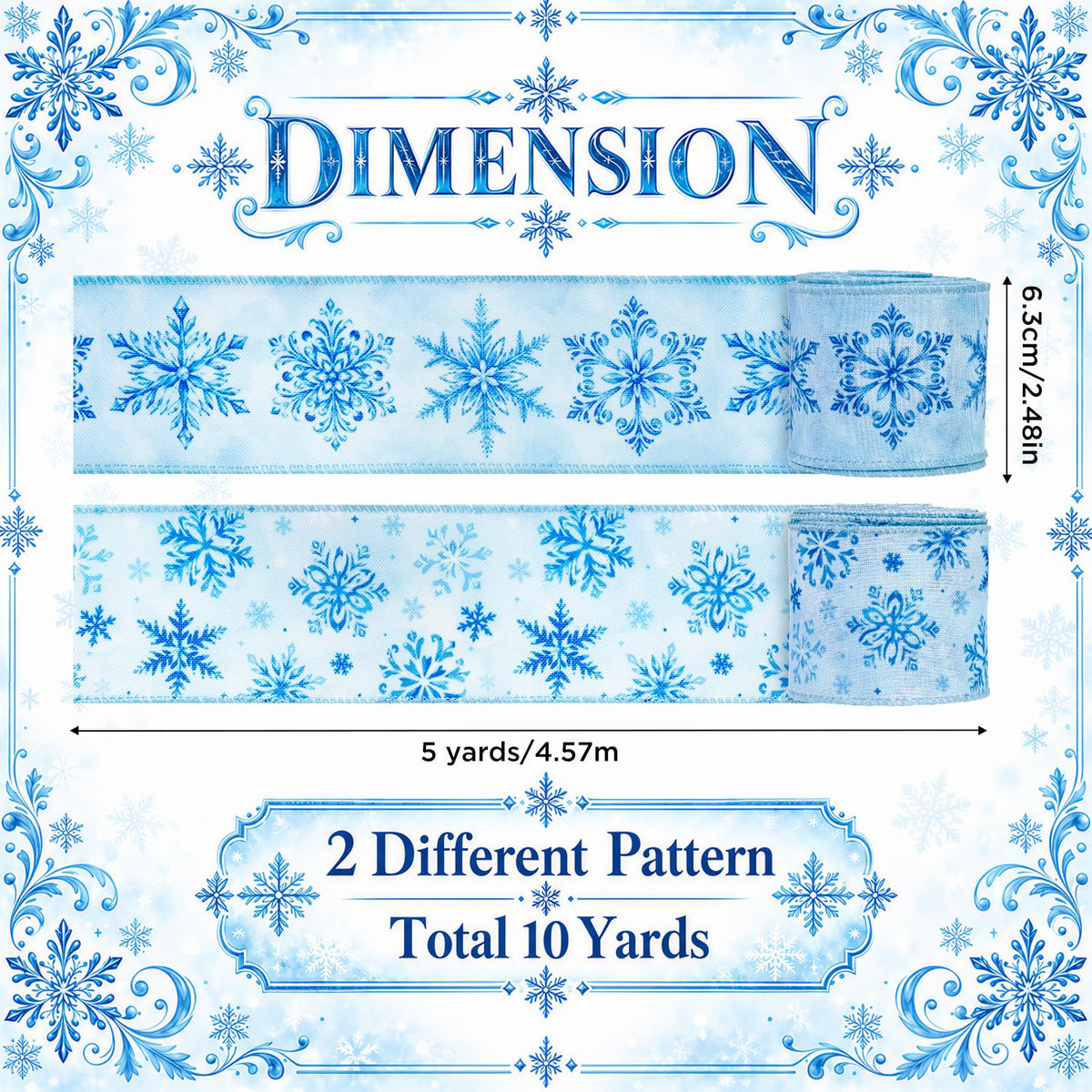 Winter Snowflake Wired Ribbon 2 Rolls, Snowflake Fabric Ribbon