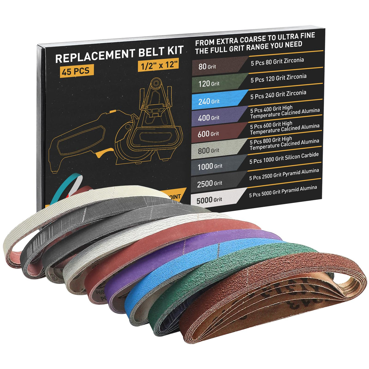 45 Pcs 1/2" x 12" Replacement Sharpening Belt Kit for Official Work Sharp Knife & Tool Sharpener (WSKTS & WSKTS-KT/Mk.1 & Mk.2) - Assorted Grits (80/120/240/400/600/800/1000/2500/5000)