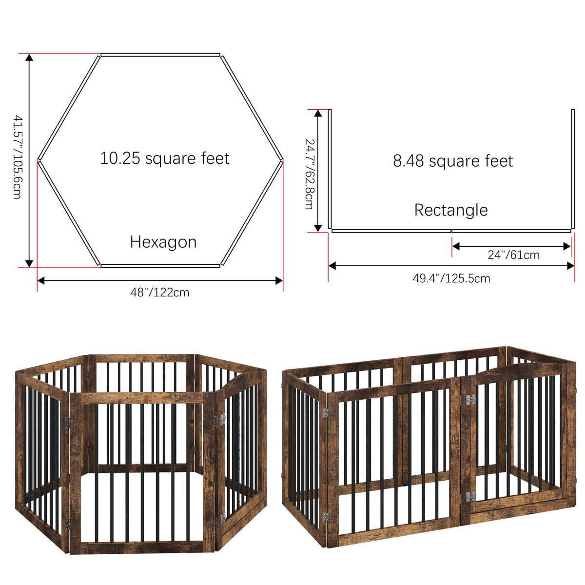 144" x 30" Freestanding Solid Wood Folding Pet & Dog Barrier Gate with Walk-Through Swing Door for Wide Indoor Openings, Hallways & Stairs — Rustic Brown