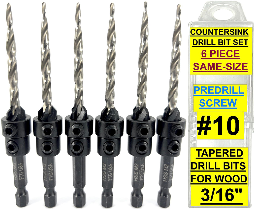 FTG USA 6 Pc #10 (3/16") Countersink Drill Bit Set with Tapered Drill Bits