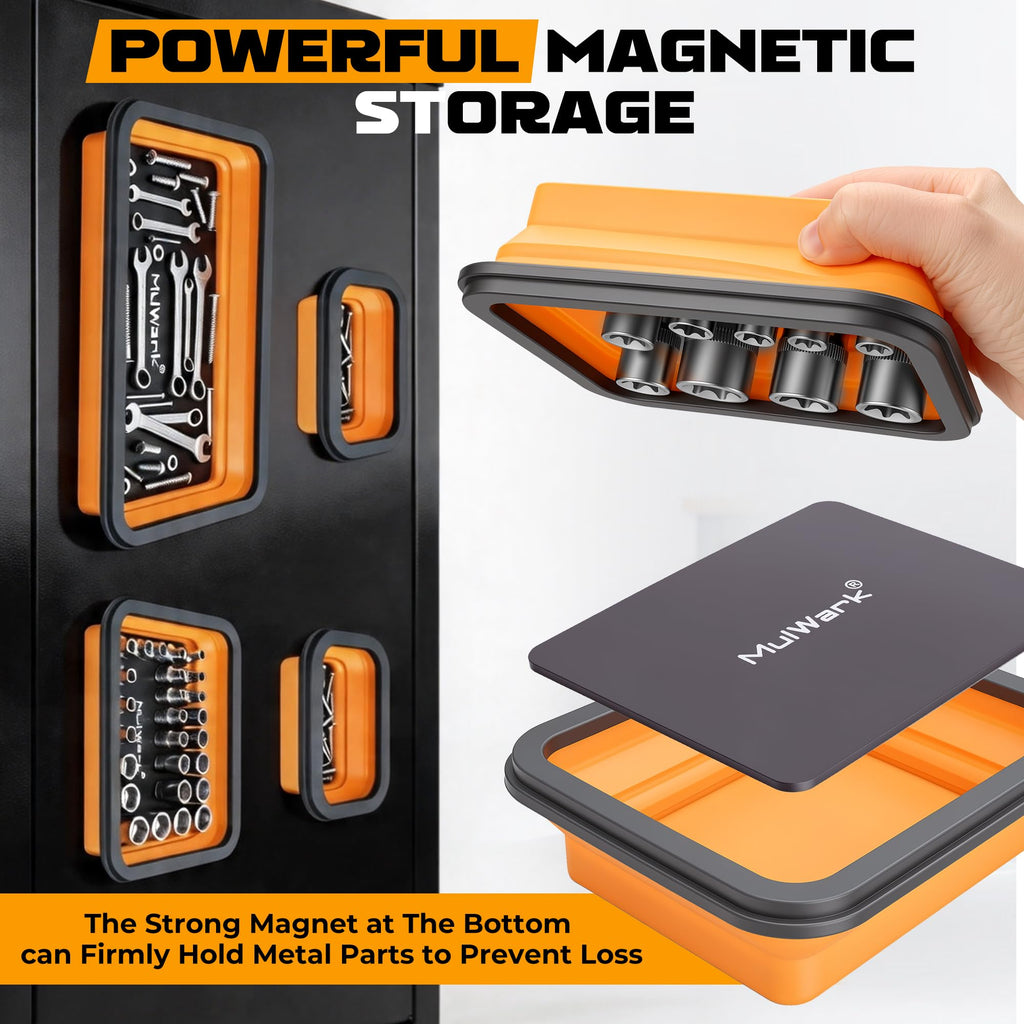 4Pcs Collapsible Magnetic Tray with 15Lb Magnetic Pickup Tool, 3 Sizes Silicone Magnetic Parts Tray for Organizing