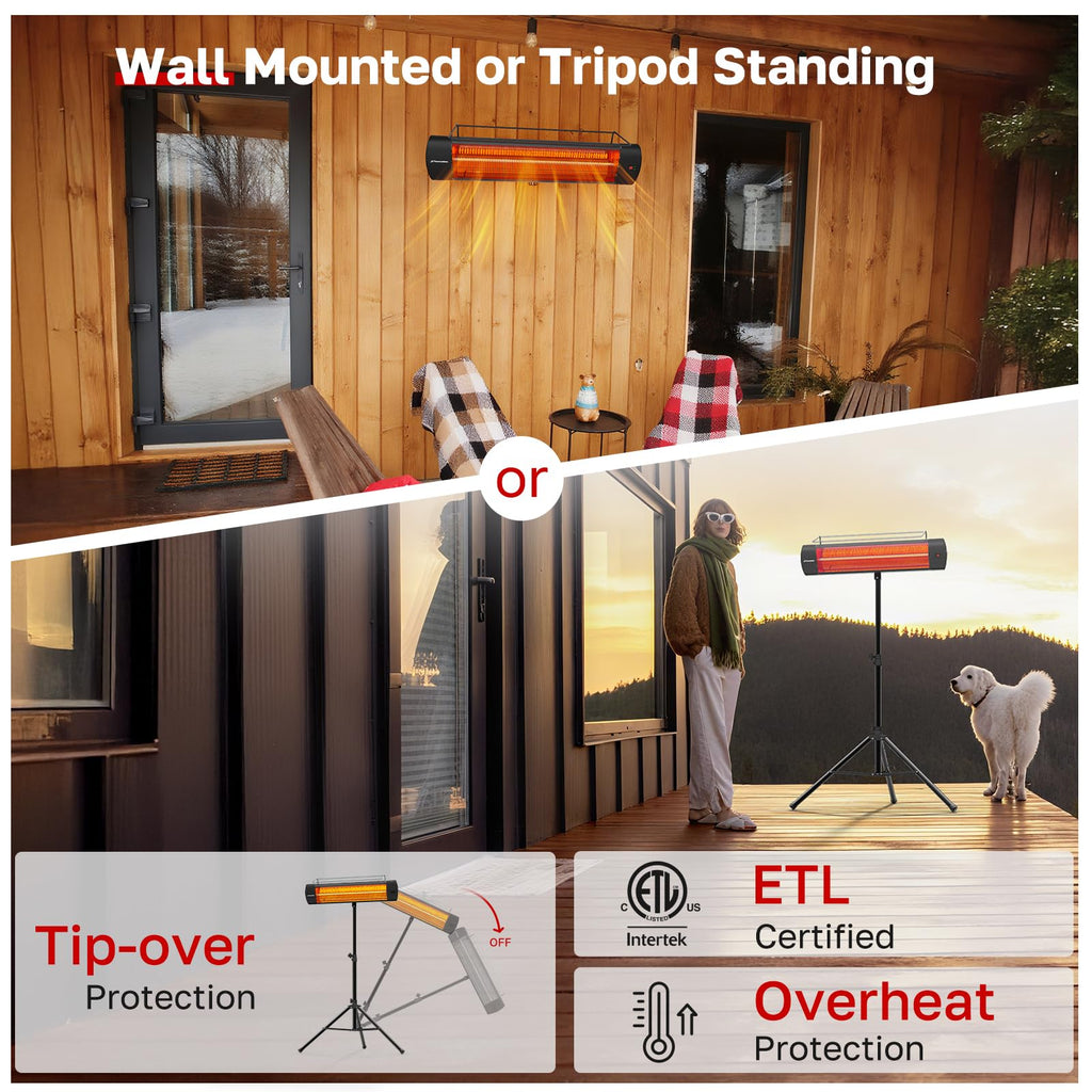 Infared Patio Heater for Outdoor with Tripod, Electric 1500W IP65 Waterproof with Remote, 3 Heating Levels & 24H