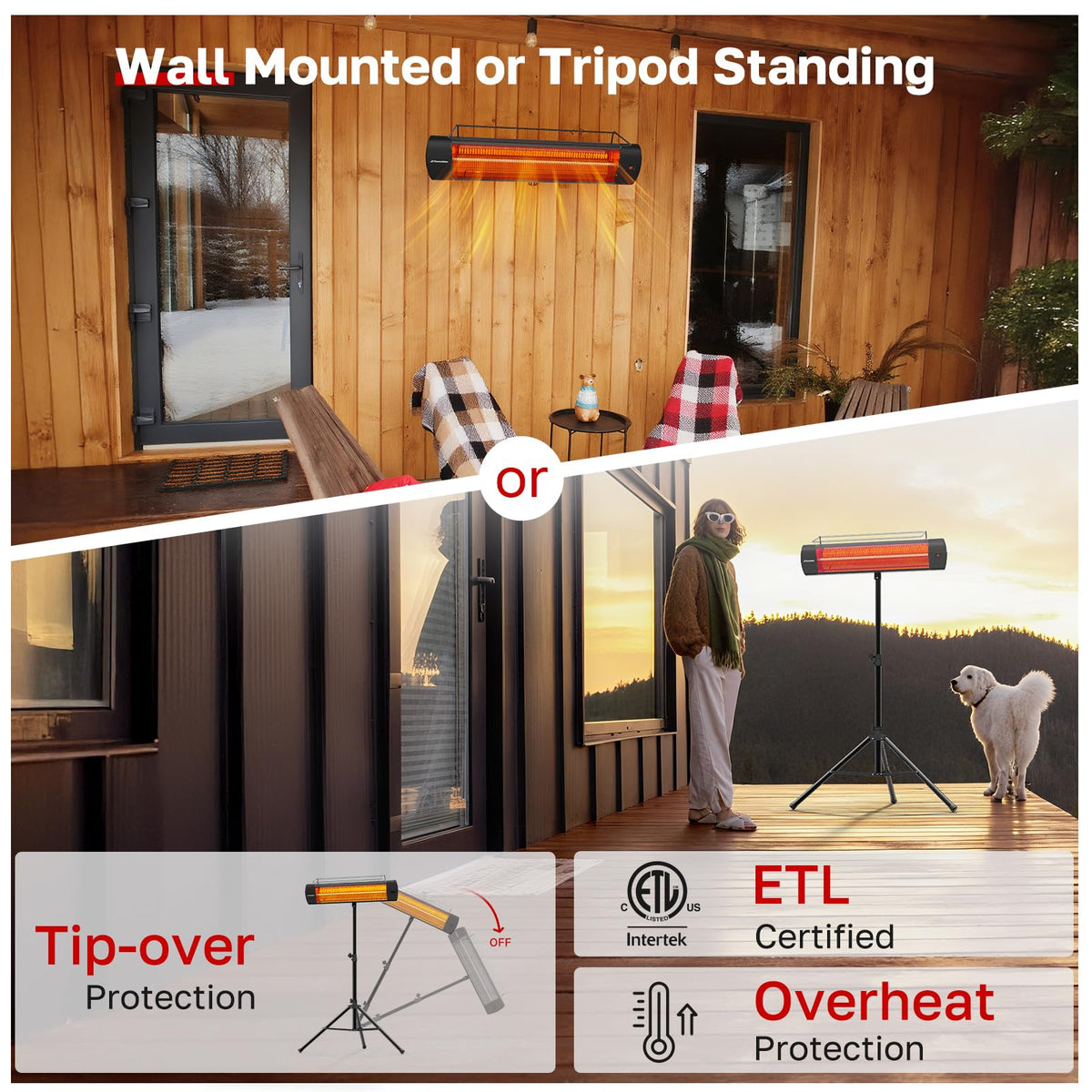 Infared Patio Heater for Outdoor with Tripod, Electric 1500W IP65 Waterproof with Remote, 3 Heating Levels & 24H