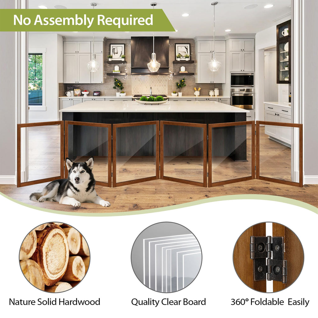 Clear Acrylic Freestanding Indoor Pet Barrier Gate with Modern Folding Frame for Wide Doorways, Hallways & Stairs
