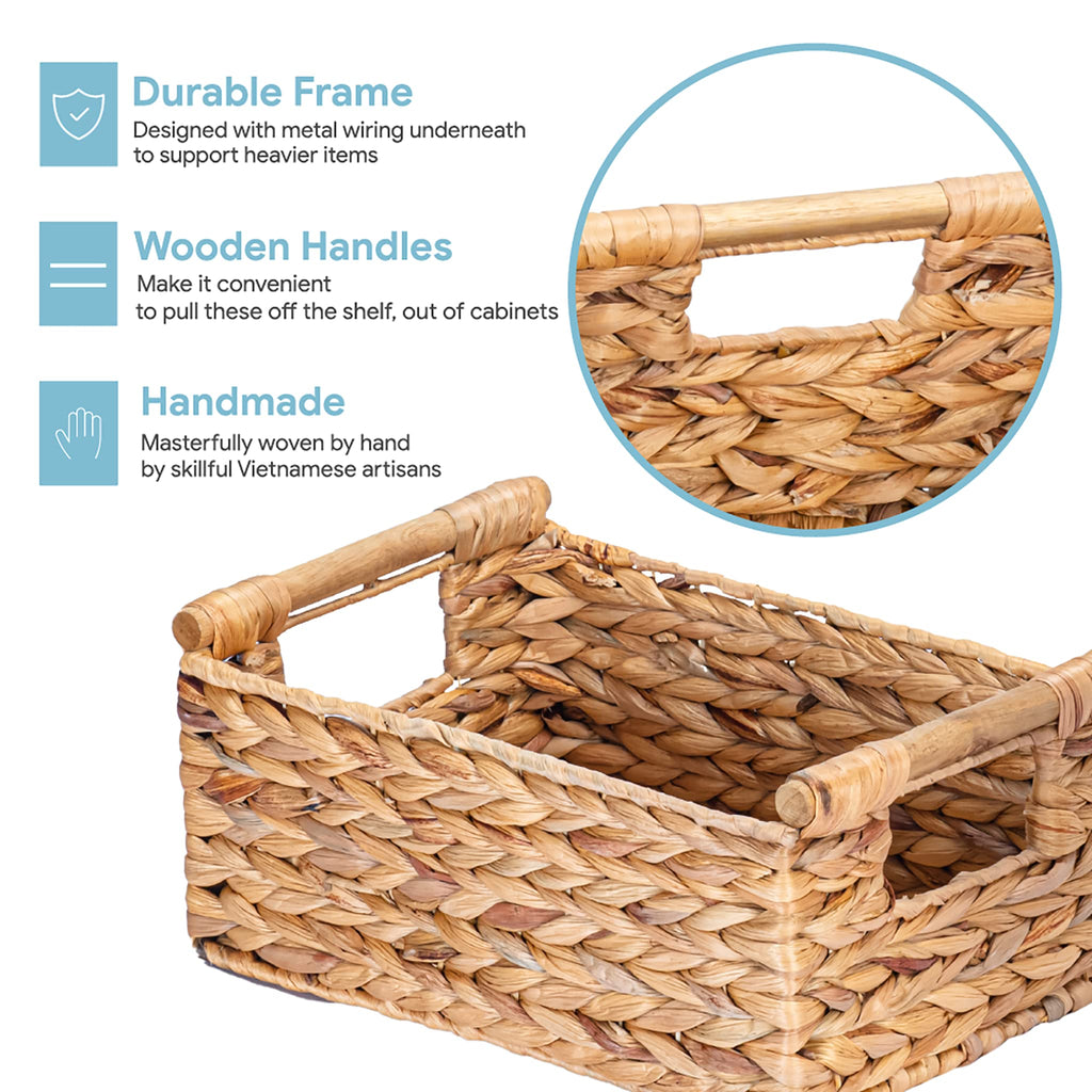 Hyacinth Small Wicker Basket 11.6x8.1x4.9" - Bathroom Organizer, Wooden Handle, Decorative Storage