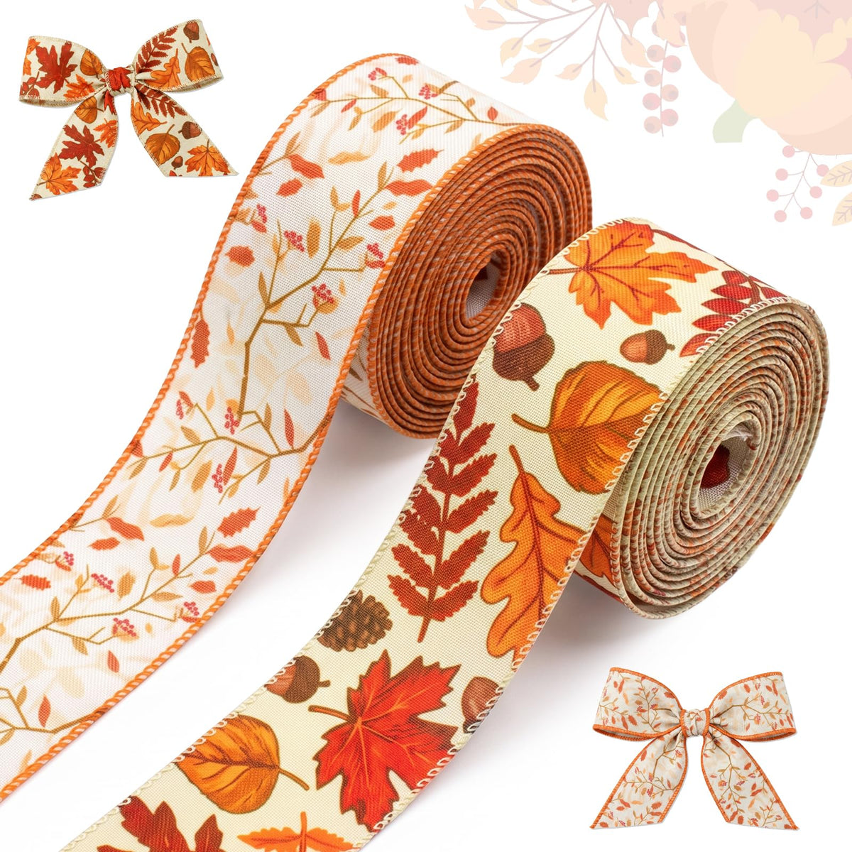 2 Rolls Fall Wired Ribbon 2.56 Inch Wide for Gift Wrapping