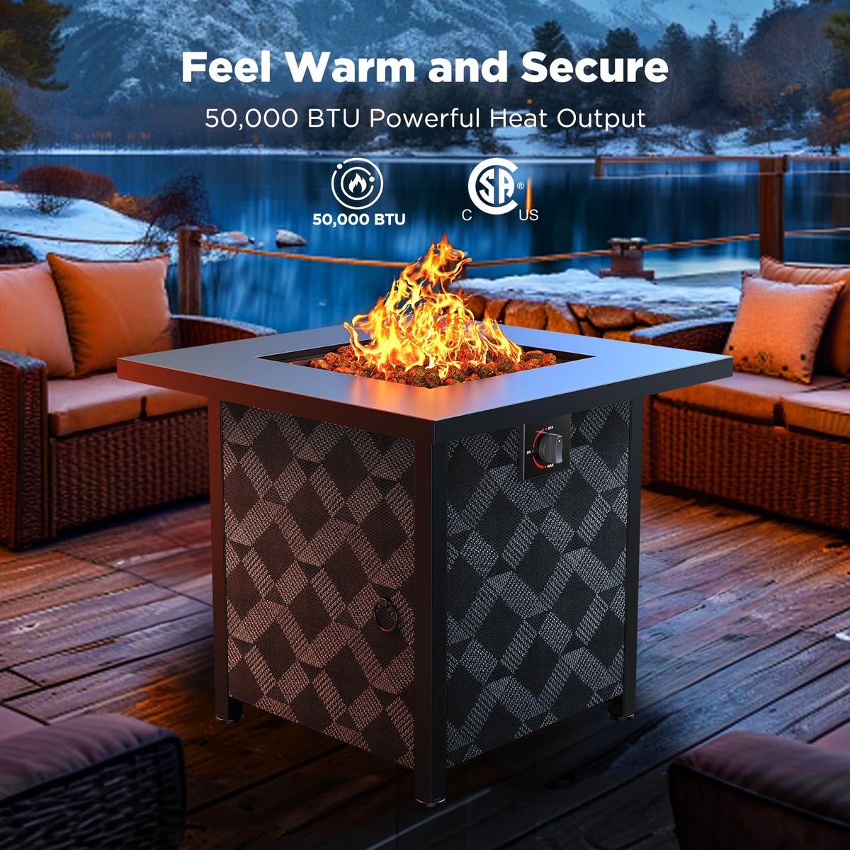 Propane Fire Pits 28″ Outdoor Gas Fire Pit, 50,000 BTU Square Fire Pit Table with Lava Rocks, 2-in-1 Fire Table with