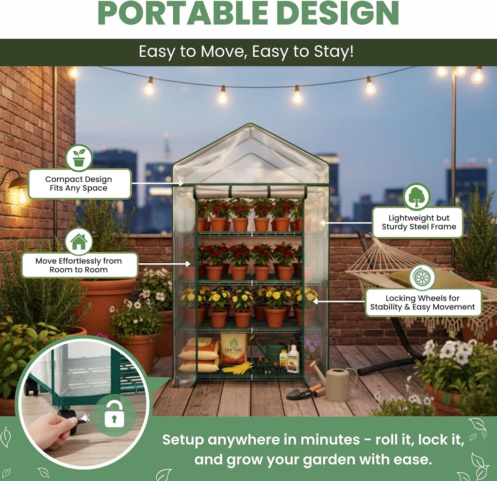 4 Tier Mini Greenhouse - Portable Greenhouse with Locking Wheels and PVC Cover for Indoor or Outdoor Green House by