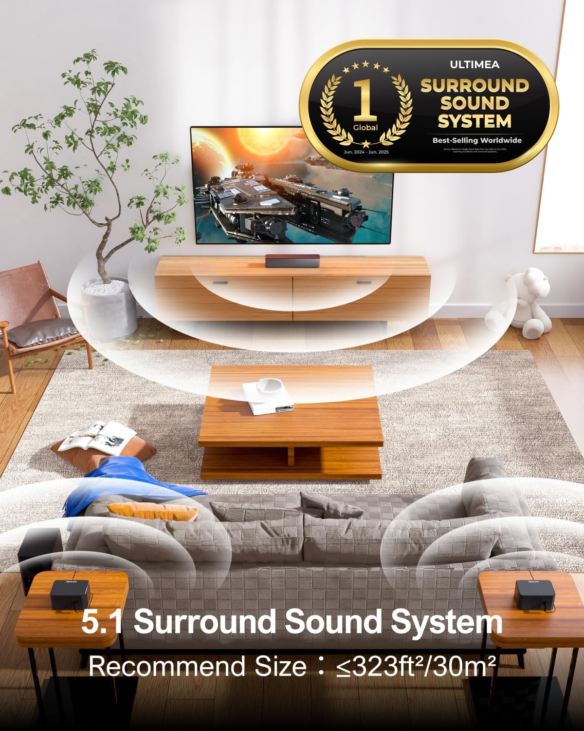 5.1 Sound Bar for Smart TV, Virtual Surround, Stereo Shelf System | 320W Peak Power, Adjustable Surround Speakers and
