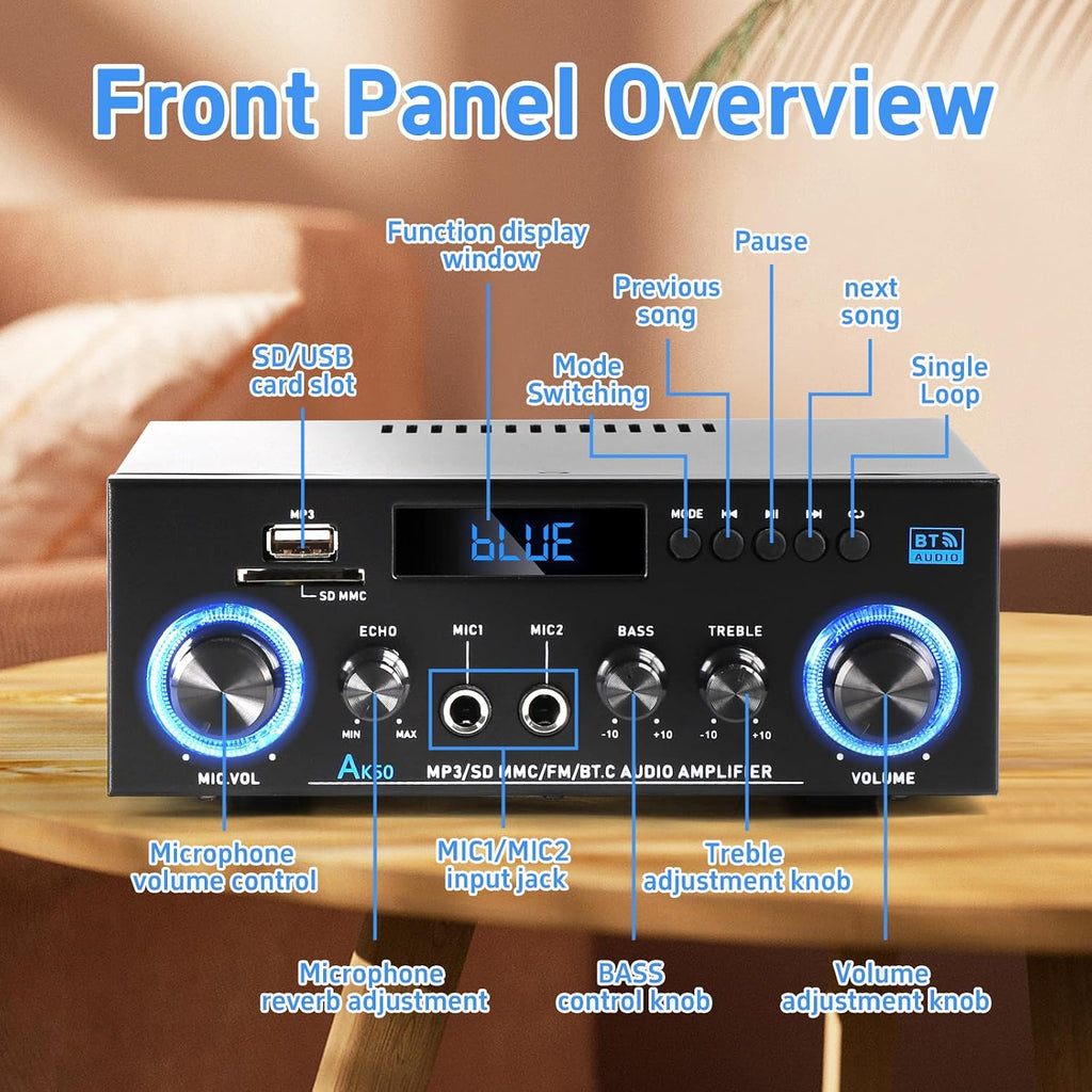 AK50 Bluetooth 5.0 Stereo Receivers, 2 Channel 400W Home Stereo Amplifier