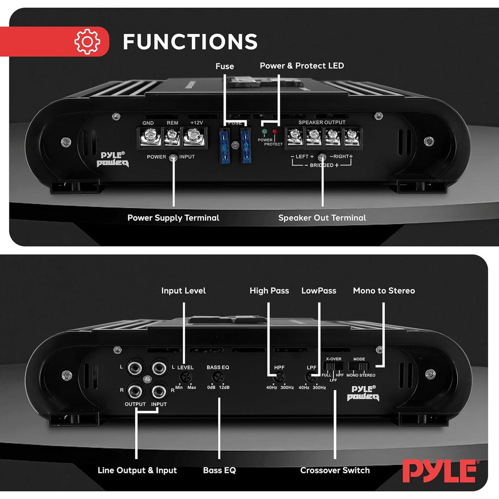 2 Channel Car Stereo Amplifier - 2000W High Power Dual Channel Bridgeable Audio Sound Auto Small Speaker Amp Box w/