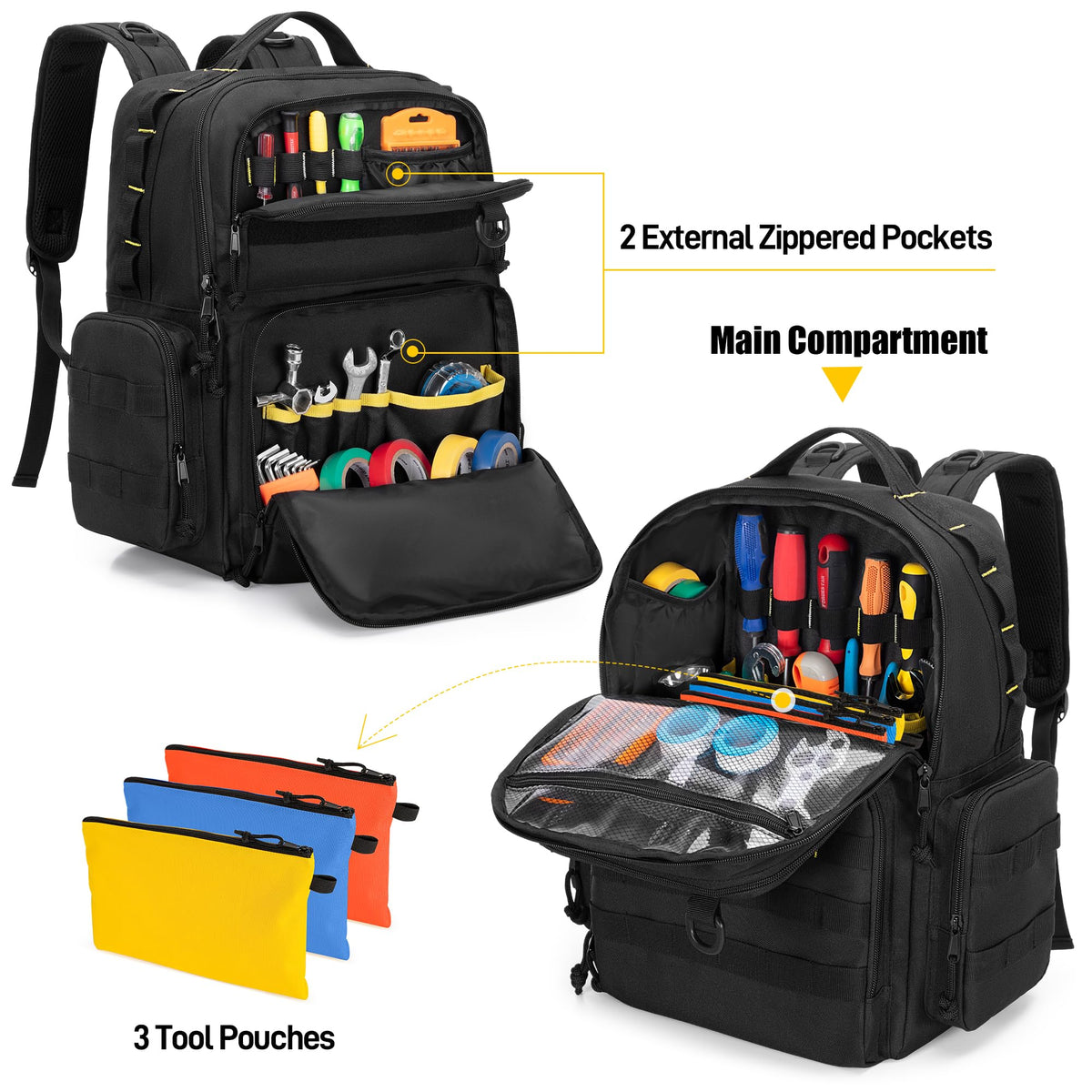 Heavy-Duty Tool Bag Backpack for Men with 3 Tool Pouches, Black