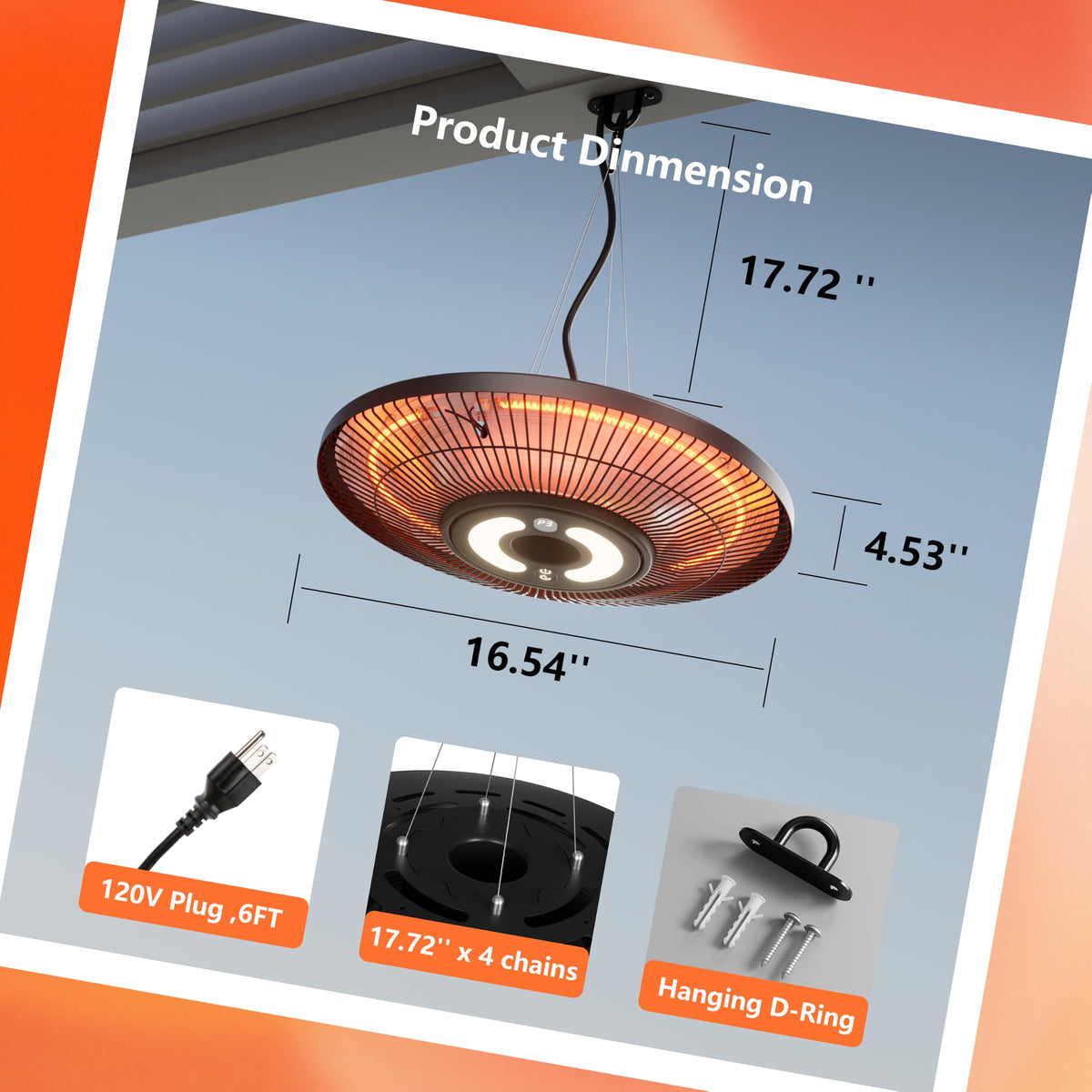 Hanging Heater,Electric Patio Heater with Light,Wifi Control, 1500W Infrared 2 Heat Levels, 24H Timers, Ceiling