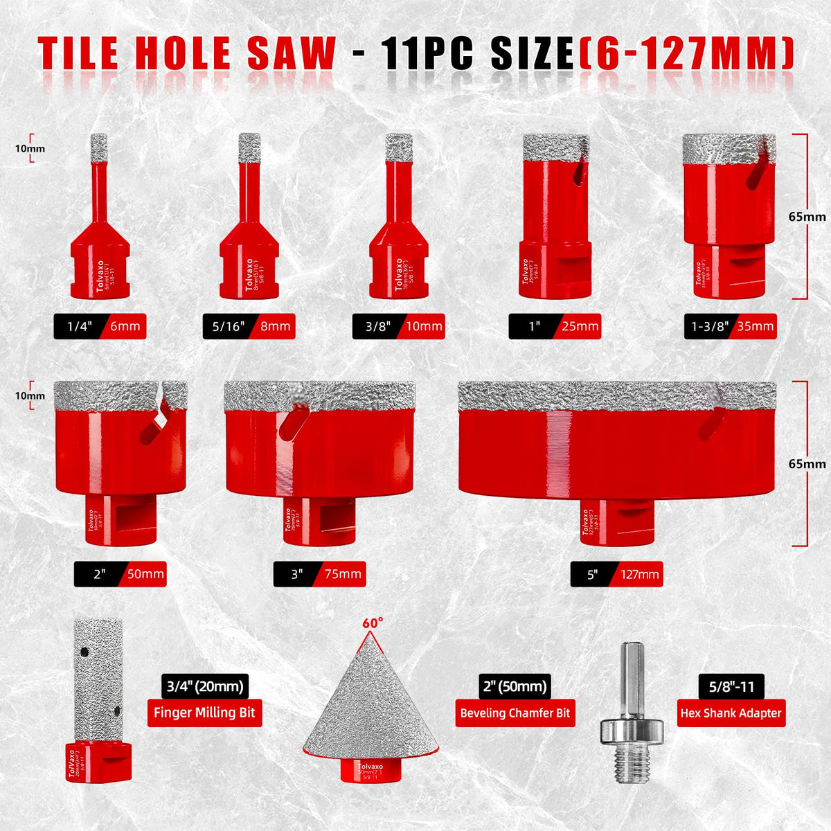 Diamond Hole Saw Kit, Tile Hole Saw Kit Vacuum Brazed 11Pcs (1/4"-5")