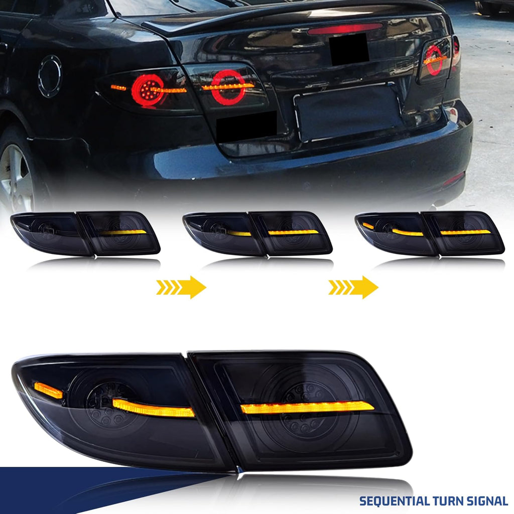 LED Tail Lights Assembly Compatible with Mazda 6 2003-2008 Sedan 4-Door Start-up Animation Sequential Turn Signal Black Rear Lamps Accessory [Cannot fit Hatchback/Wagon]