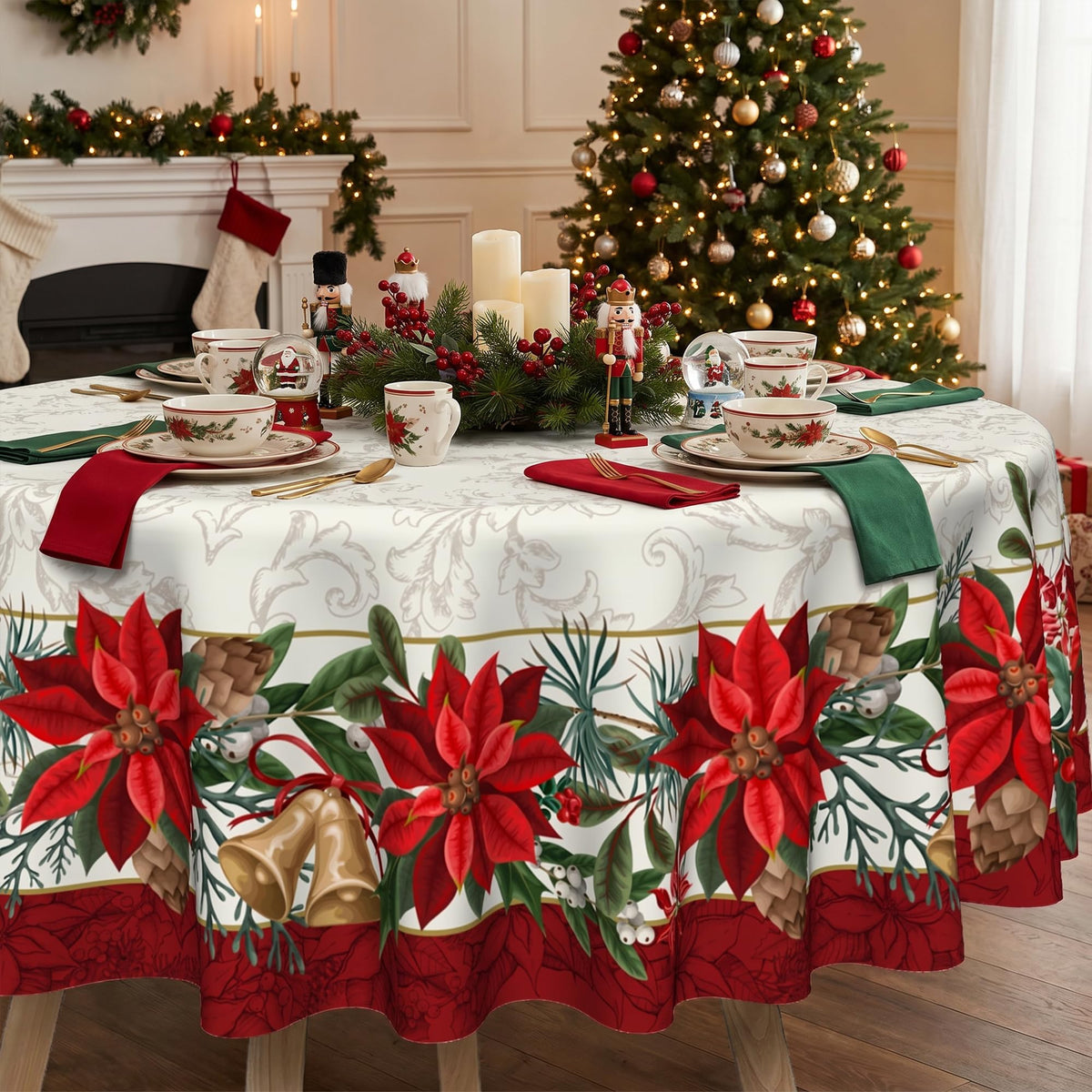 Christmas Poinsettia Tablecloth 70 Inch, Vintage Red Floral Bell Pine Cone Round Table Cover, Xmas Border Design