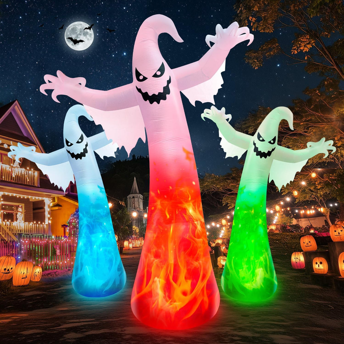 11.8FT Giant Halloween Inflatables Ghost with 3-Colored Flame Rotation LED Lights, Huge Spooky Halloween Decoration