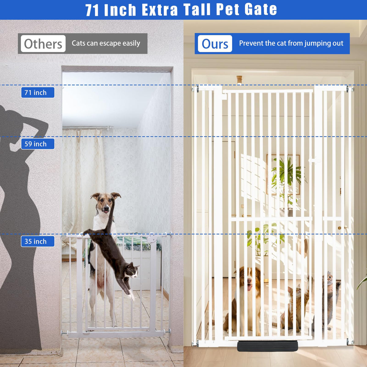 71" Extra-Tall Full-Height Anti-Jump Cat & Pet Safety Gate with Narrow Bar Spacing & Double-Lock Walk-Through Door for Doorways & Stairs