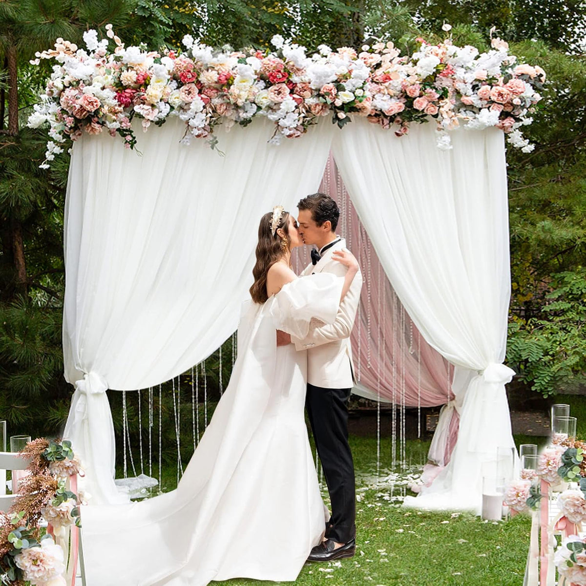 8FT x 8FT Backdrop Stand Heavy Duty with Base, White Portable Adjustable Pipe and Drape Backdrop Stand Kit, Square