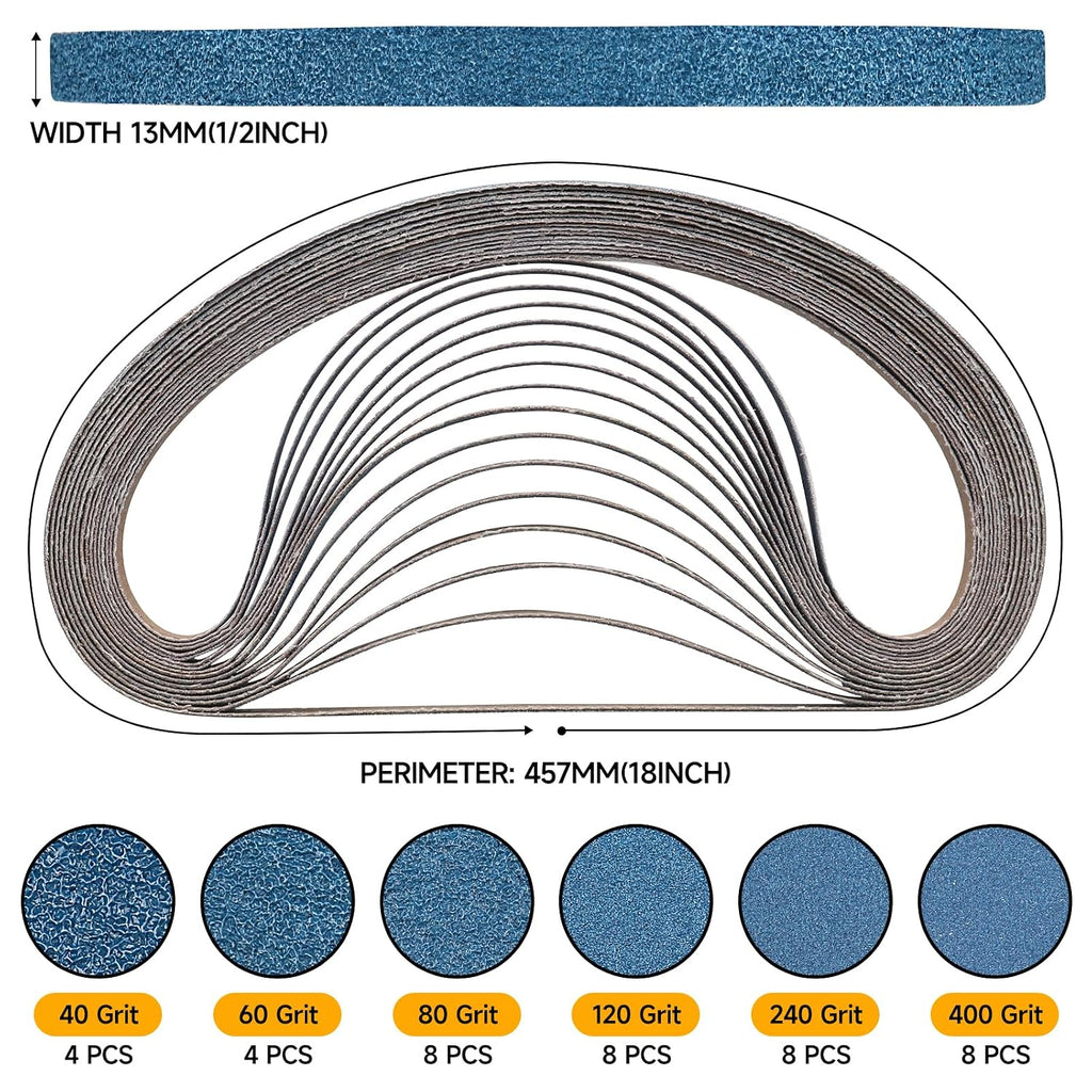 40-Piece Premium 1/2 x 18 Inch Zirconia Sanding Belts 40-400 Grit