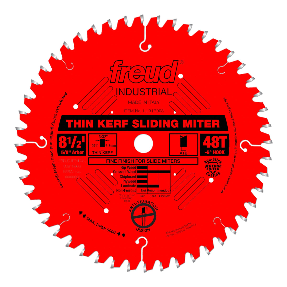 Freud LU91R008 8-1/2"Thin Kerf Sliding Compound Miter Saw Blade, Multi, One Size