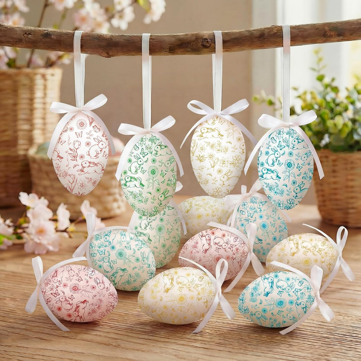 24 Pcs Easter Eggs Hanging Ornaments, Colorful Foam Easter Hanging Eggs Decorations with Bow Bunny and Floral Designs