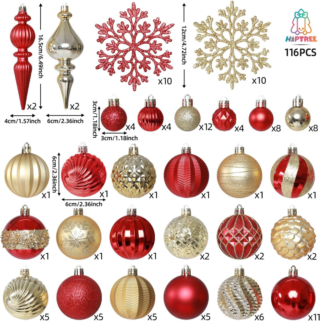 116ct 1.18-6.5" Red Gold Christmas Tree Ornaments Decorations Set