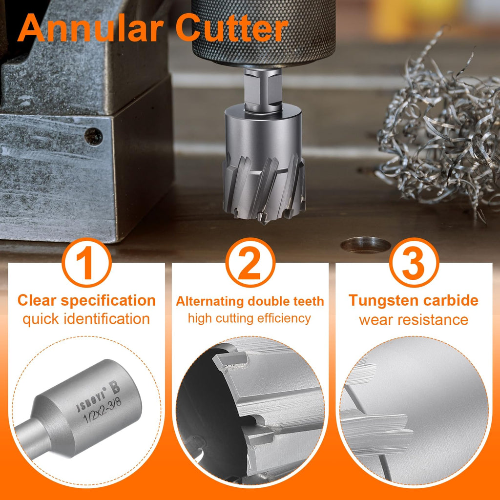 HARFINGTON Annular Cutter 1/2" Dia 2-3/8" Depth 3/4" Shank TCT Cutting Drill Bits with Pin for Magnetic Drill Press
