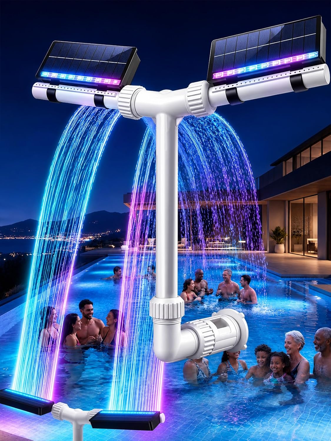Solar Pool Fountain with 11-Color LED Lights, 2026 Upgrade | Solar Powered Light Sensing Sprinkler Waterfall, Above