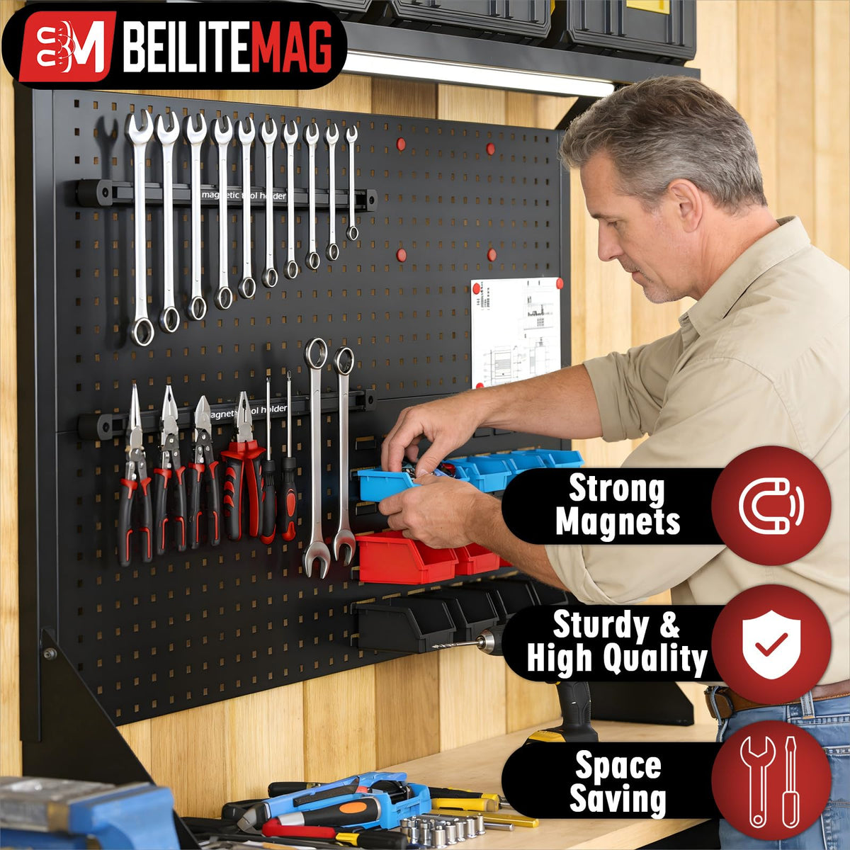 BEILITEMAG Double Sided Magnetic Tool Holder, 17 Inch Heavy Duty Magnet Bar Strip with Extra Strong Magnets, Magnetic Tool Organizer for Garage, Warehouse, Workshop, Tool, Industrial (1 Pack)