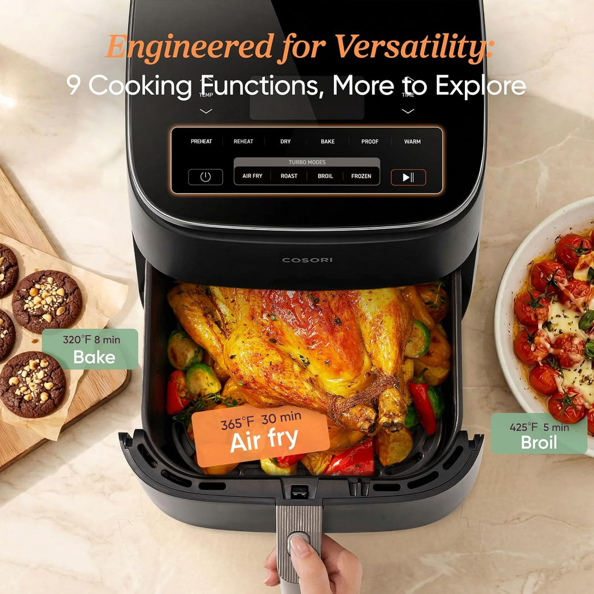 TurboBlaze Air Fryer, 9-in-1, 6 Qt, PFAS-Free Ceramic Coating | 90°–450°F, 5 Level Fan Speeds, 9 in 1 Air Fry, Roast