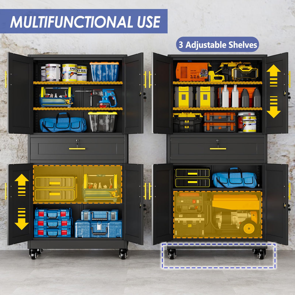 74" Metal Garage Storage Cabinet with Wheels and Locking Doors