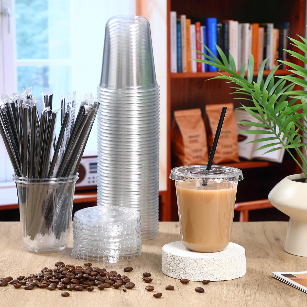 50 Sets 14 oz Clear Plastic Iced Coffee Cups with Lids and Straws