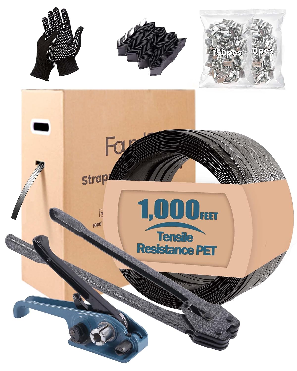 PET Banding Strapping Kit for Heavy Duty Durable Pallet Packaging Strapping Tool with >1500lbs 5/8" x 1000' PET
