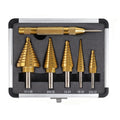 Step Drill Bit Set Unibit 5PCS,HSS Titanium Coated, 50 Sizes High Speed Steel for Metal, Sheet Metal, Plastic & Wood, with Automatic Center Punch & Aluminum Case