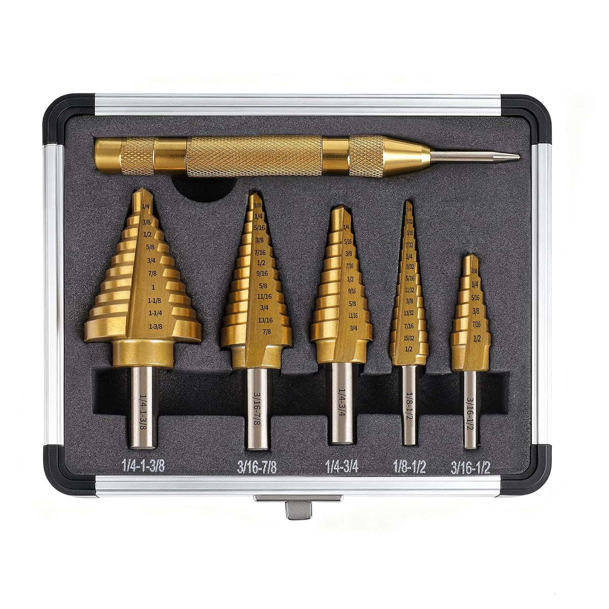 Step Drill Bit Set Unibit 5PCS,HSS Titanium Coated, 50 Sizes High Speed Steel for Metal, Sheet Metal, Plastic & Wood, with Automatic Center Punch & Aluminum Case