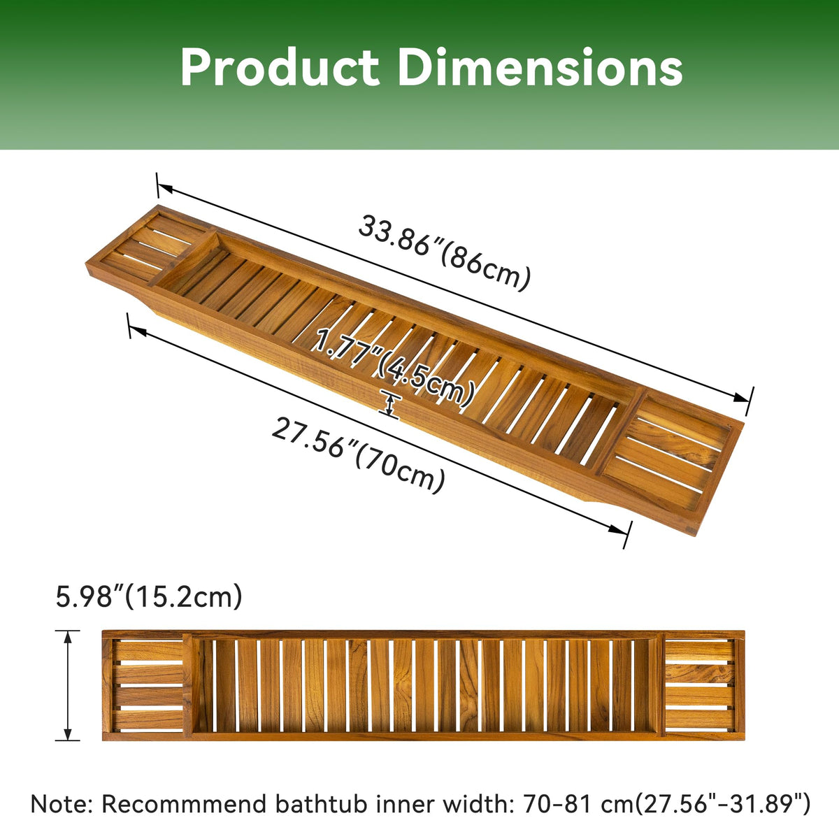 Non-Expandable Teak Bathtub Tray, 33.86" x 5.98" x 1.77"