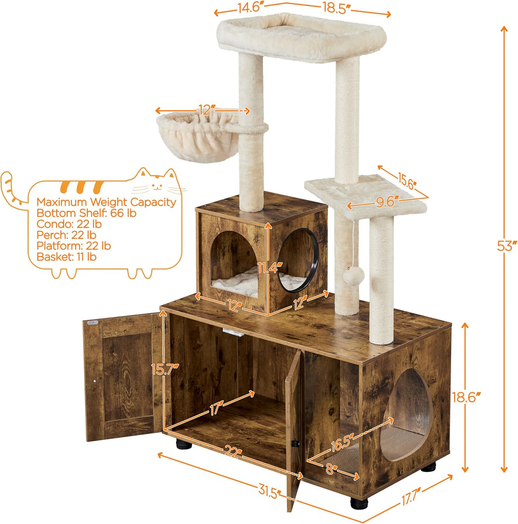Litter Box Enclosure with Cat Tree, Rustic Brown/Beige