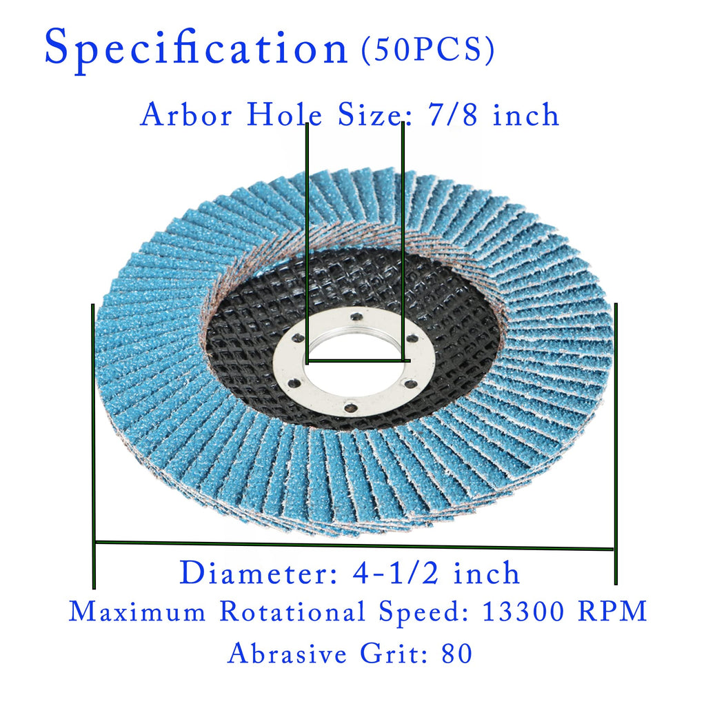 waltyotur 50-Pack Flap Discs Grinding Wheel 80 Grit, 4-1/2 x 7/8 Flap Disc