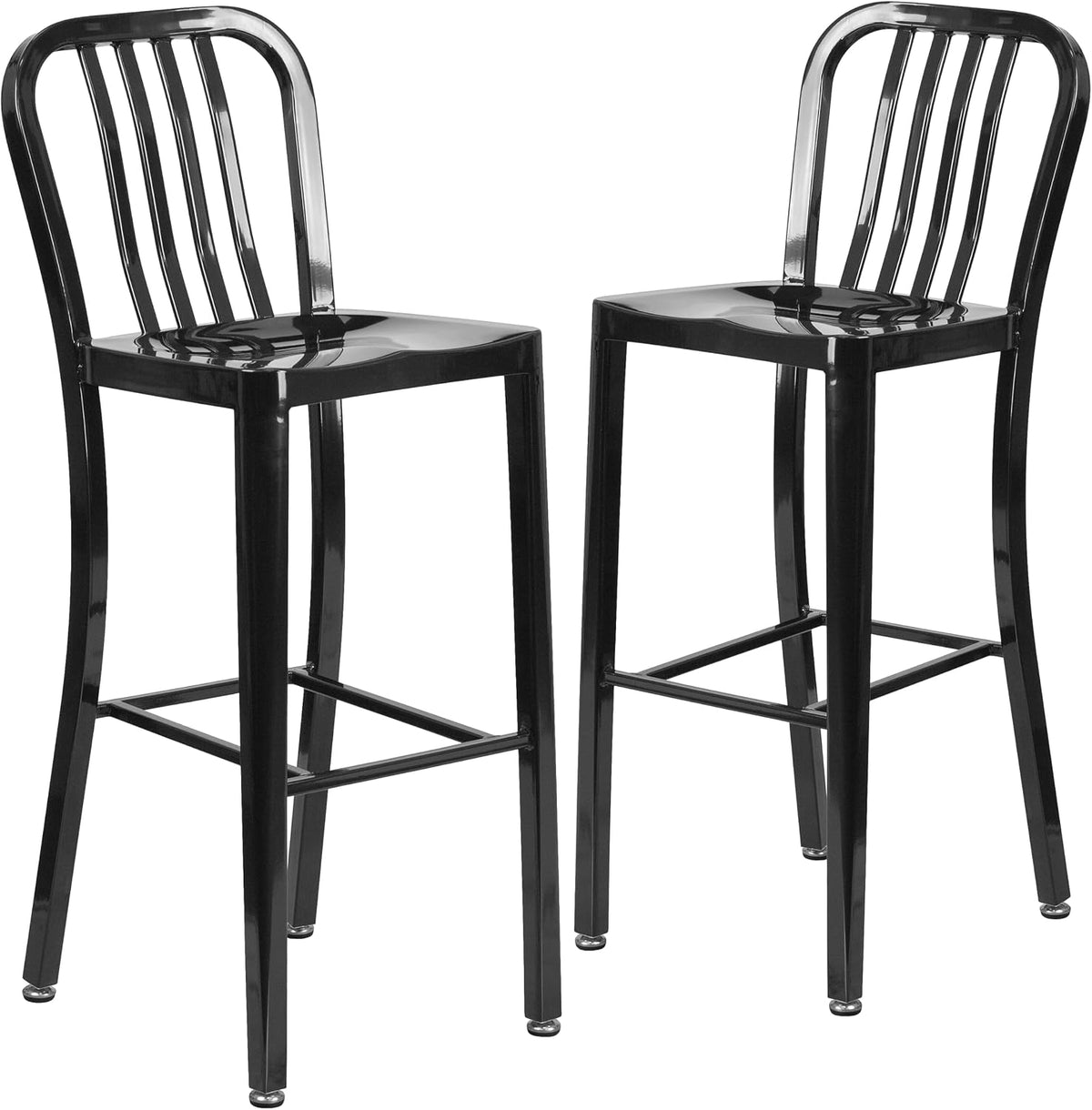 Commercial Grade 30" High Black Metal Indoor-Outdoor Barstool with Vertical Slat Back