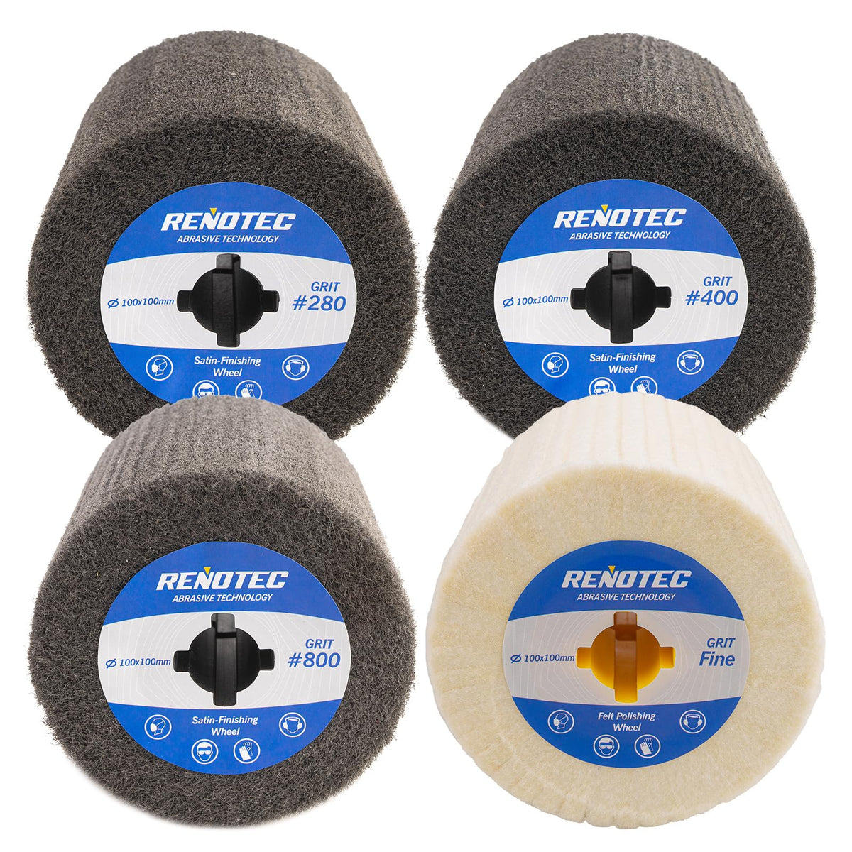 RENOTEC 4" Polishing Wheel Pro Pack, 100x100mm, Aluminum Oxide, Premium Wool, Grit 280/400/800/1000, from Finishing to Mirror Polishing