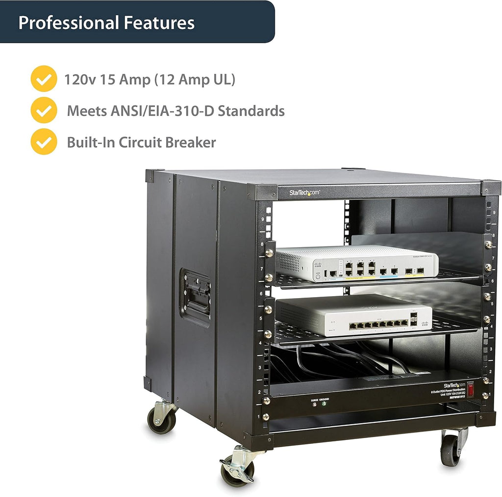 StarTech 8-Outlet 1U PDU, 120V/15A, Surge, 6ft Cord, TAA (RKPW081915) | Power strip for network server racks, Surge