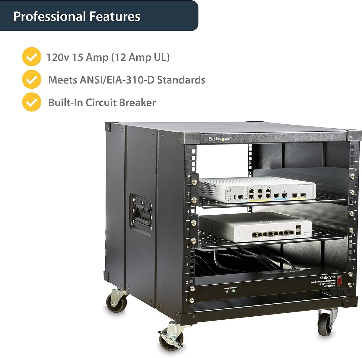 StarTech 8-Outlet 1U PDU, 120V/15A, Surge, 6ft Cord, TAA (RKPW081915) | Power strip for network server racks, Surge