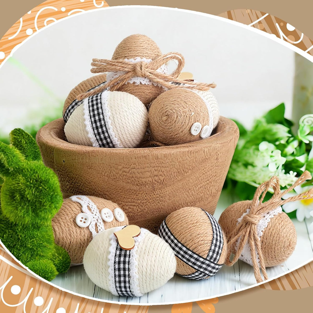 12 Pcs Rustic Farmhouse Easter Burlap Eggs Decoration Vintage Black and White Easter Eggs Ornaments Set Bowl Filler